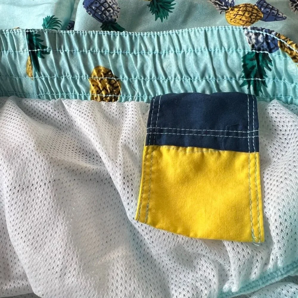 Old Navy Men's Swim Trunks Medium Blue Green Pineapple Print Elastic Waist